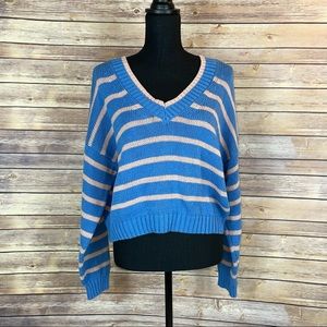 Womens Sweater Large AMERICAN EAGLE Sweater Blue V-neck Cropped Pullover Striped